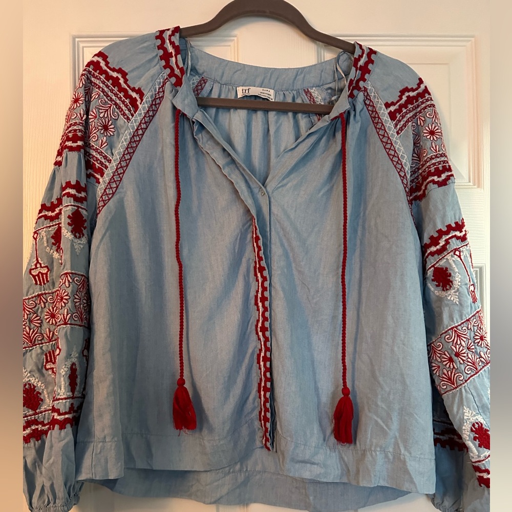Zara Chambray Embroidered Blouse